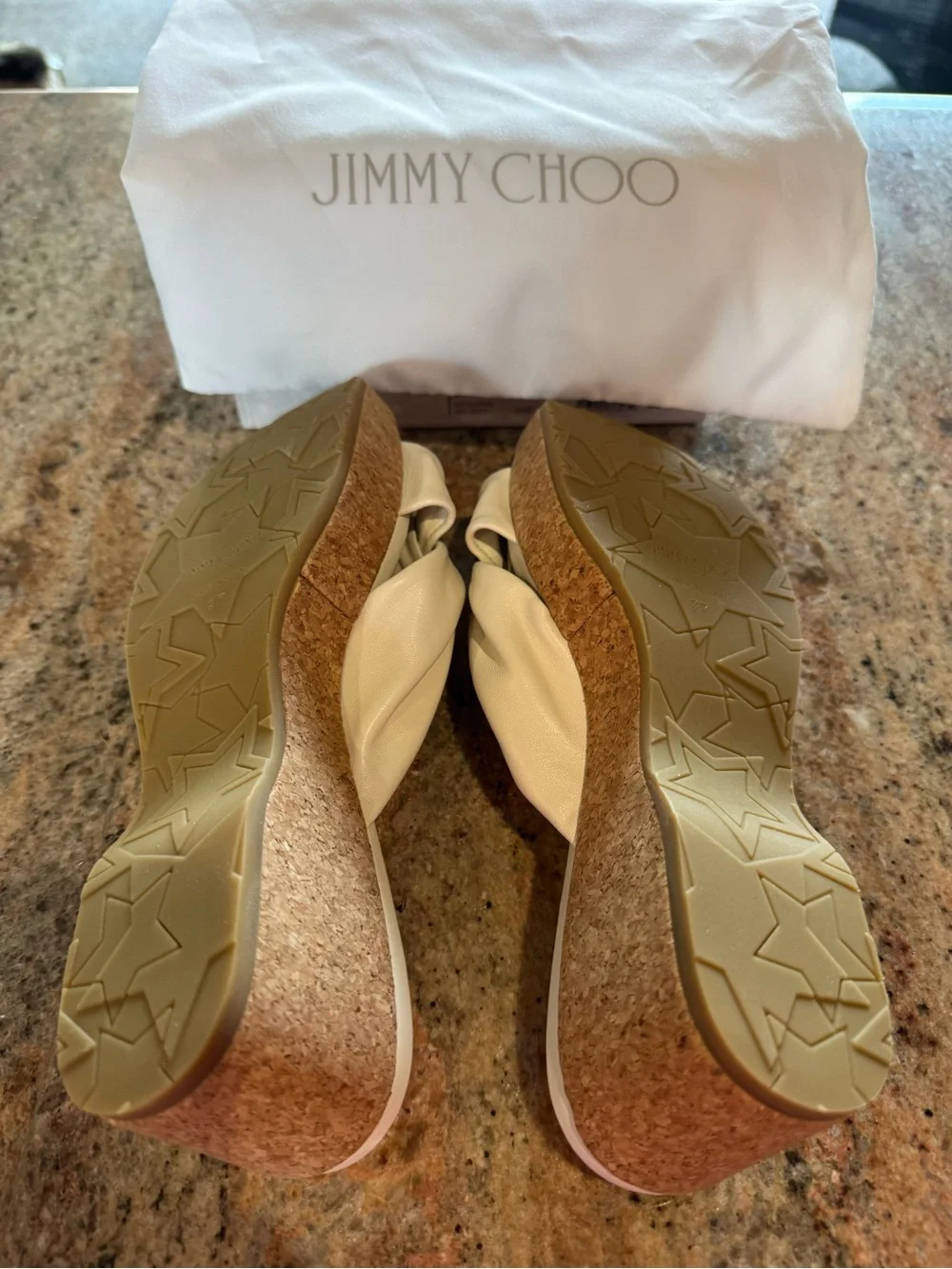 Jimmy Choo Cream Knotted Cork Wedge Sandals with Gold Trim NEVER WORN